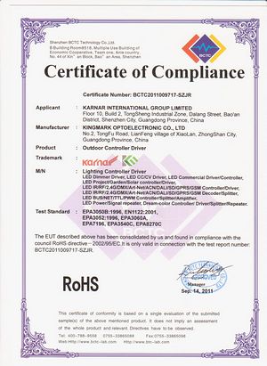 FCC Daim Ntawv Pom Zoo,CE Daim Ntawv Pom Zoo,ROSH daim ntawv pov thawj certificate rau LED nqa lub teeb 3,
c-ROHS,
KARNAR THOOB GROUP LTD